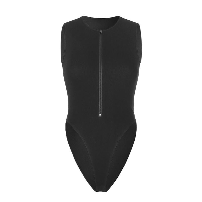 Summer Zipper Crew Neck Sleeveless Fashion Sexy Solid Color Versatile Cool Bodysuit Women's Top