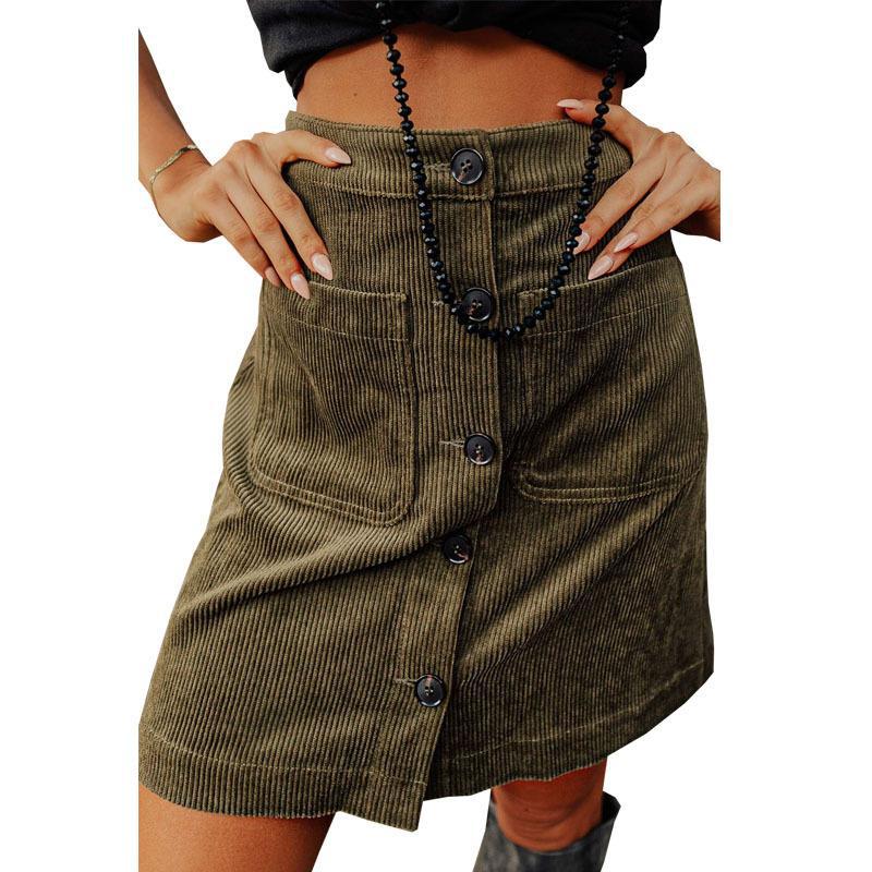 Women Autumn Winter Corduroy Skirt High Waist All Matching Skirt Breasted Design Skirt