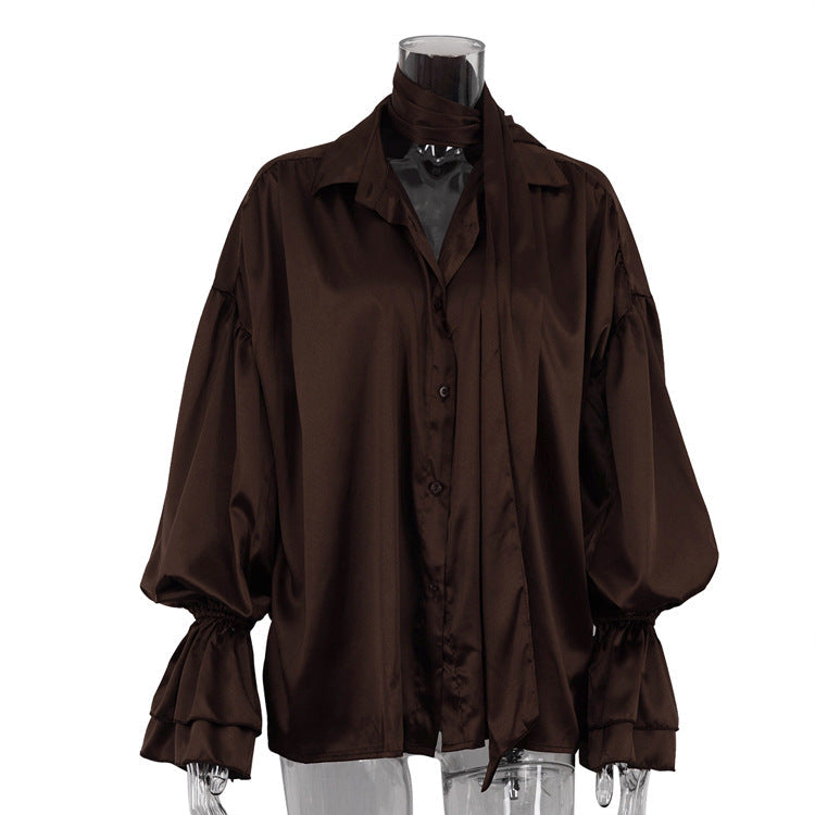 Women Clothing Scarf Bell Sleeve Loose Shirt Women Wild Collared Satin Shirt