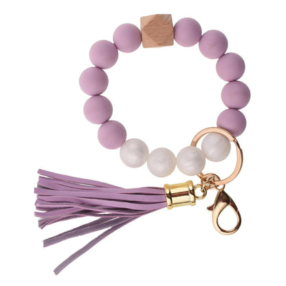 PU Tassel Keychain Bag charm Silicone Beaded Keychain Wristlet Key Ring Bracelet Cute Car Key Chain Holder for Women Girls