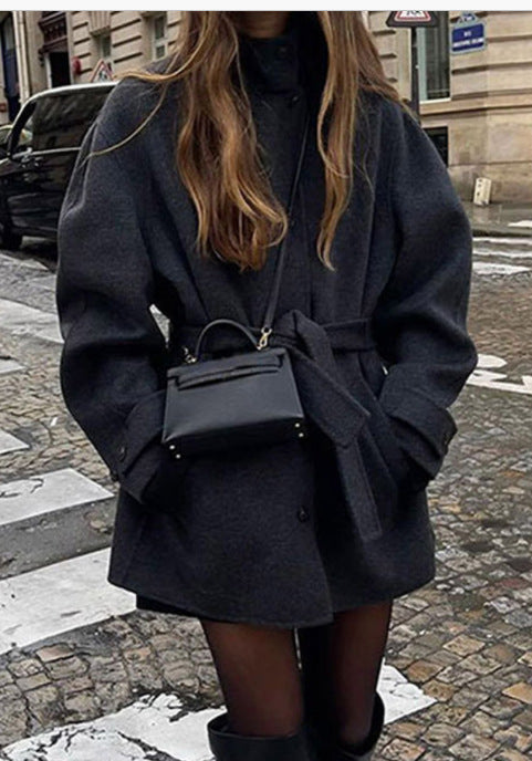 Autumn Winter Women Clothing Belt Half Turtleneck Solid Color Woolen Coat Outerwear