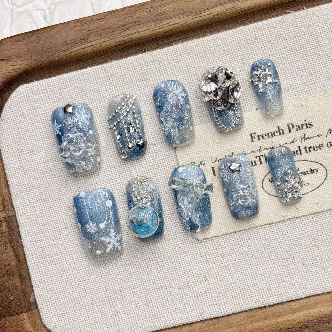 Blue snowflake autumn and winter Christmas handmade short almond pure handmade nail art