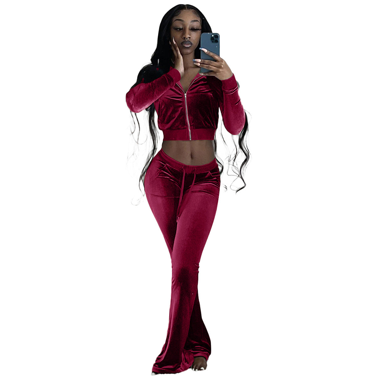 Women Clothing Two-Piece Korean Velvet Solid Color Long Sleeve Sexy cropped Casual Sports Suit