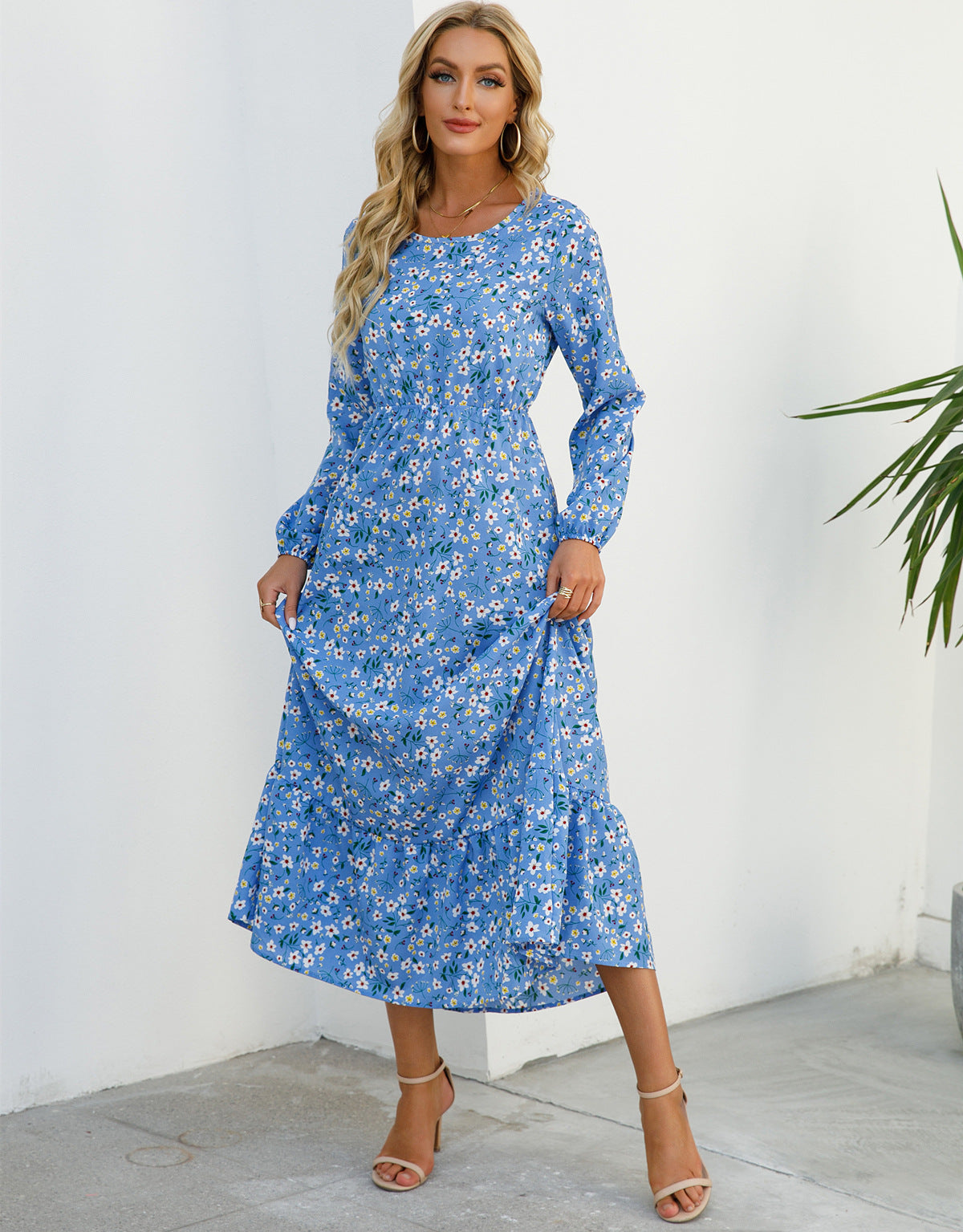 Spring and Autumn floral chiffon dress waist thin long sleeve round neck long printed skirt children