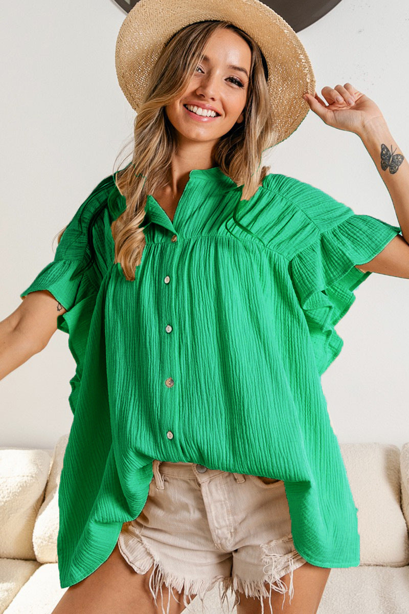 Summer Women Clothing Stand Collar Wooden Ear Sleeve Pleated Top