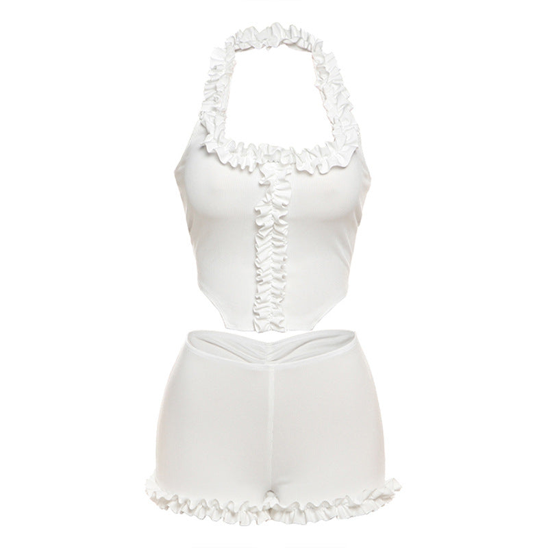 Spring Summer Women Clothing Solid Color Sexy Ruffles Halterneck Vest Slim Fit Base Shorts Two Piece Set