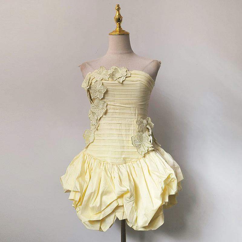 Floral Dress Women Summer Tube Top Three Dimensional Floral Puffy Dress