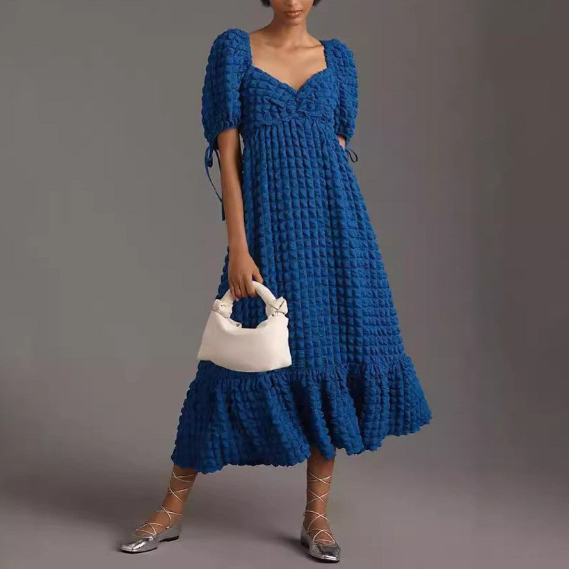 Bubble Sleeve Women Elegant Dress Long Short Sleeve French Tied Vacation Dress