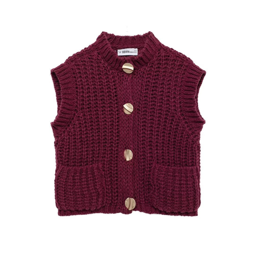 Sweater Spring Festival Stickers Bags Gold Button Thick Knitted Short Women Cardigan Vest