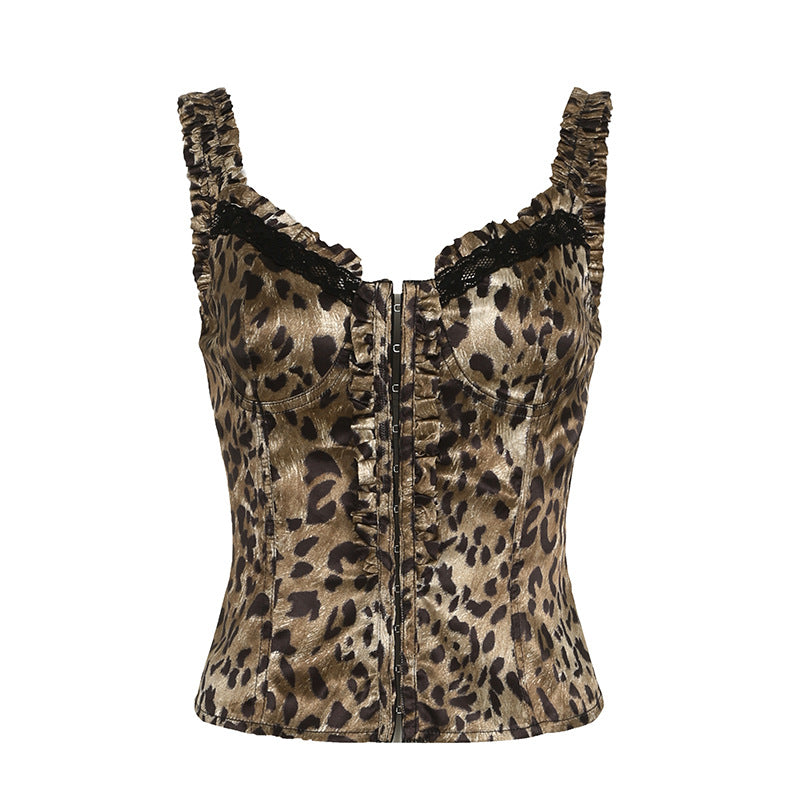 Retro Sexy Leopard Print Lace Pleated Sling Drawstring Slim Fit Top Wooden Ear Contrast Color Slim Fit All Match Vest