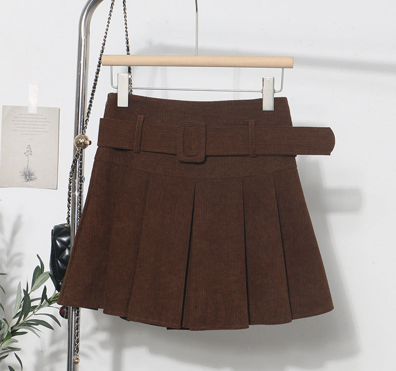 Corduroy Skirt Autumn Winter High Waist Pleated Skirt Anti Exposure A line Umbrella Skirt