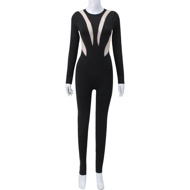 Women round Neck Long Sleeve Color Matching Trendy Long Jumpsuit Autumn Winter