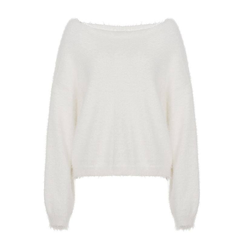 Idle Mink Fur off Shoulder Solid Color Pullover Sweater Loose Basic Autumn Winter Coat