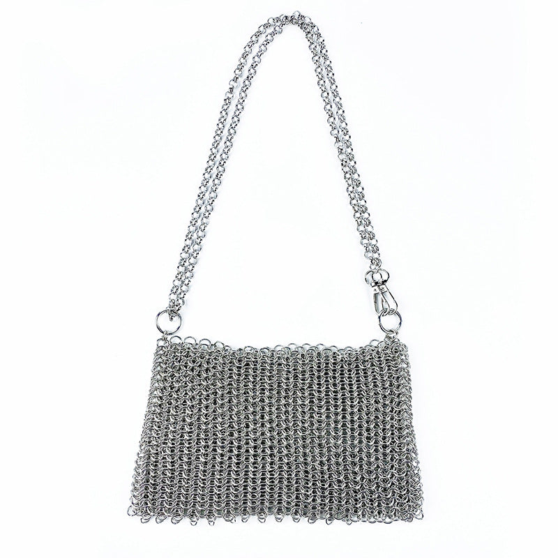 Shiny Buling Hand Woven Bag Metal Sequ Scale Hollow Out Cutout Bag Chain Crossbody Phone Bag