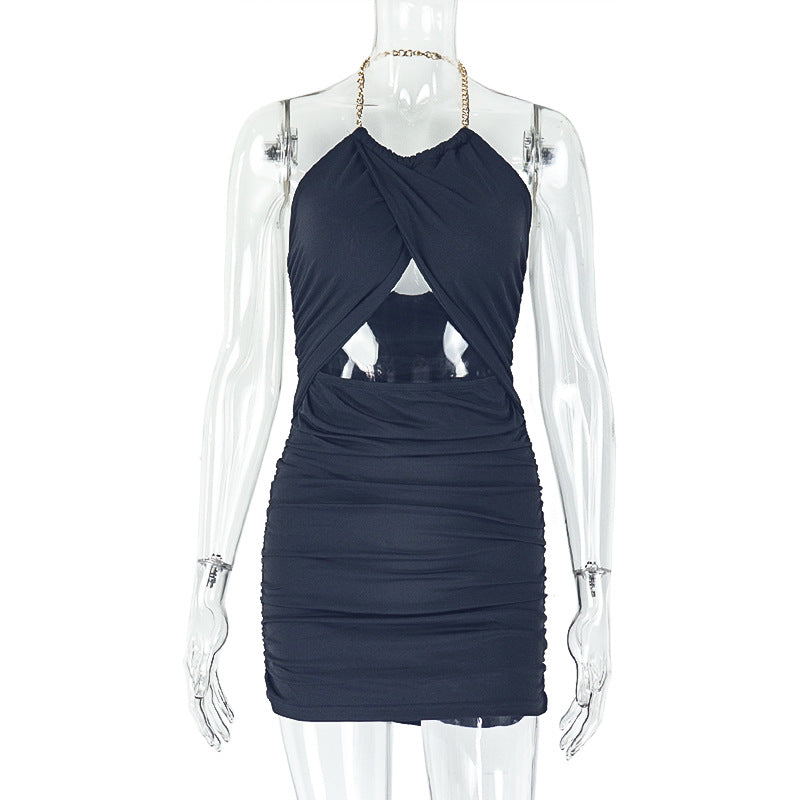 Women Clothing Slim Hollow Out Cutout Pleated Hip Backless Halter Solid Color Short Dress