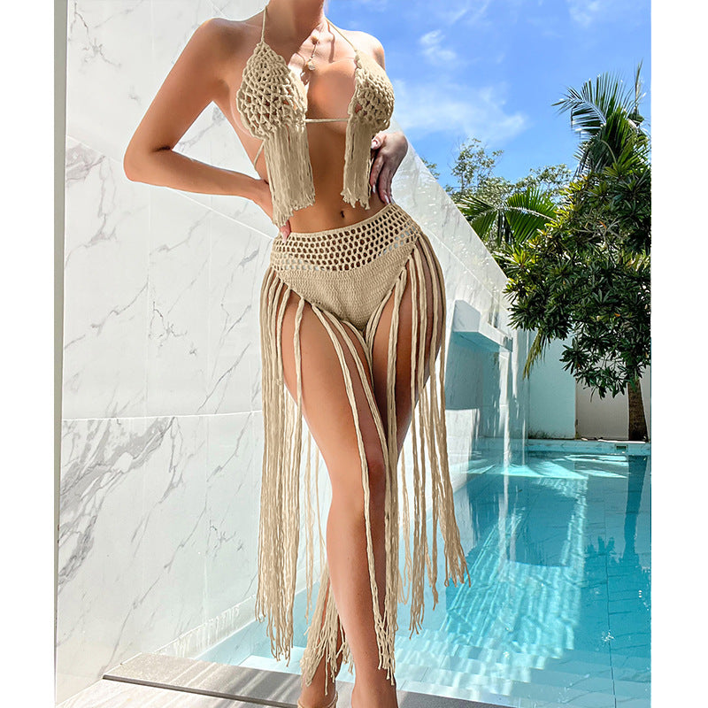 Beach Tourism Hand Crocheting Three Dimensional Floral Tassel Beach Sexy Open Back Swimsuit Bikini Set Crochet hook