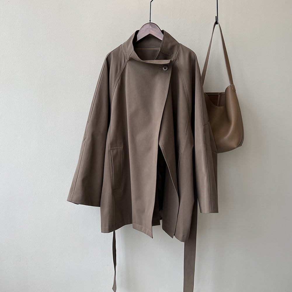 Retro Elegant Mid Length Trench Coat Women Spring Loose Waist Stand Collar Top