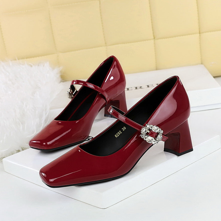 Cocktail Mary Jane Women Shoes Square Toe Low Cut Patent Leather Strap Rhinestone Buckle Chunky Heel Mid Heel Shoes