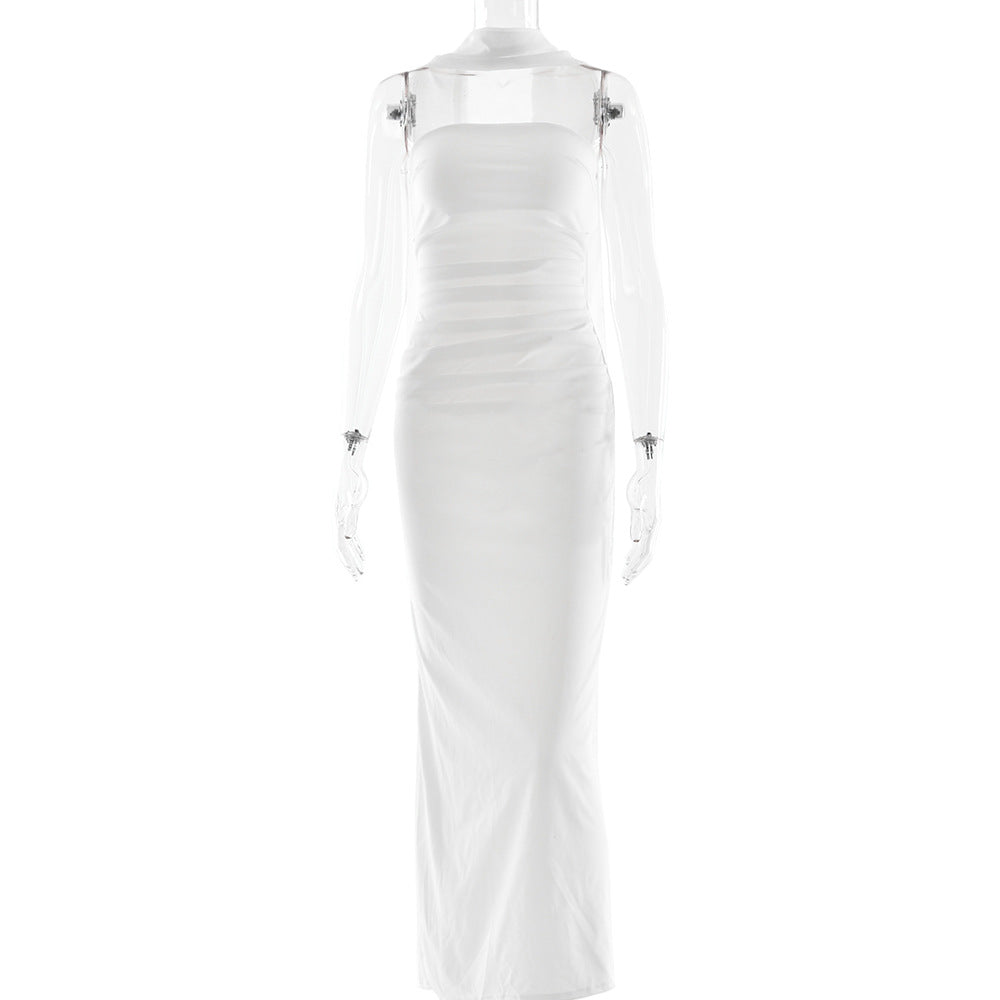 Spring Tube Top Cinched Waist Women Dress Elegant Ribbon Backless Sexy Sheath Dress