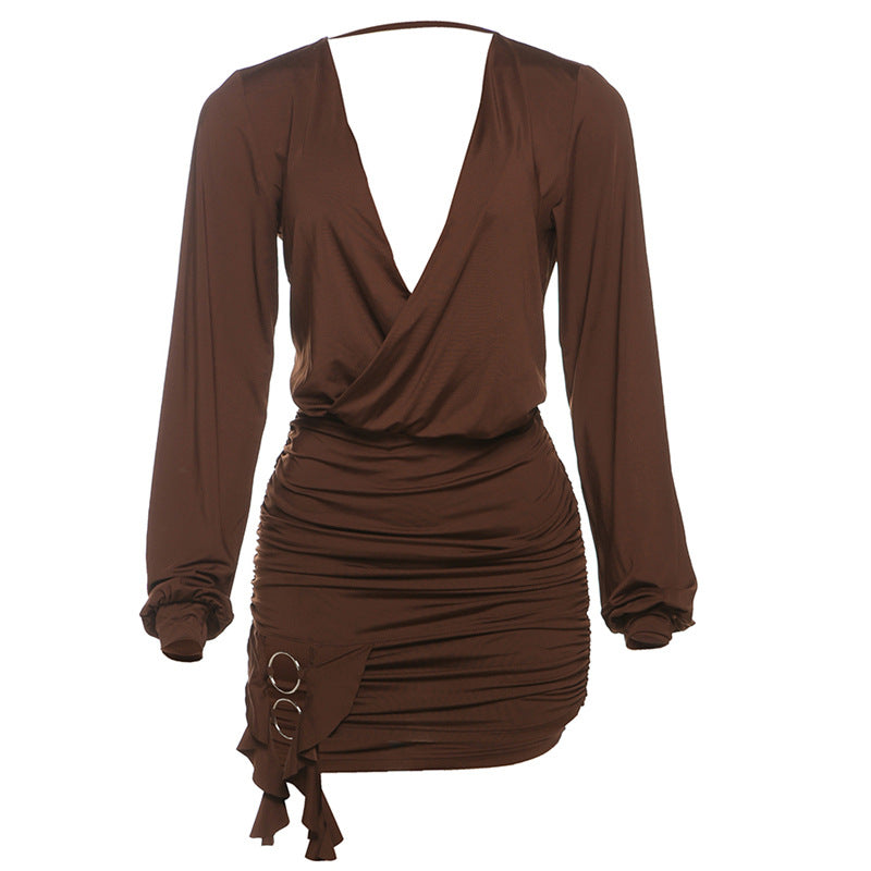 Spring Women Clothing Sexy Deep V Plunge neck Backless Solid Color Ruffle Hip Dress Women