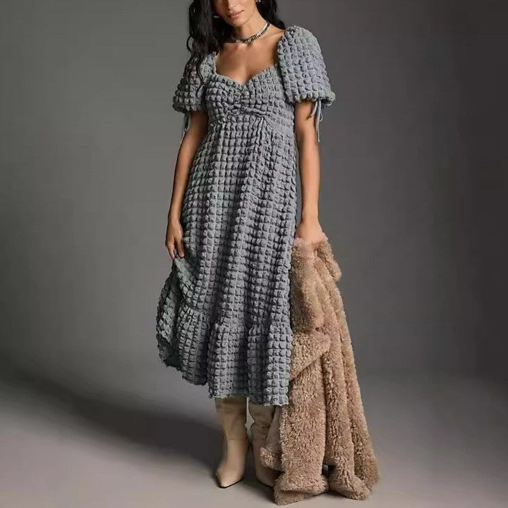 Bubble Sleeve Women Elegant Dress Long Short Sleeve French Tied Vacation Dress