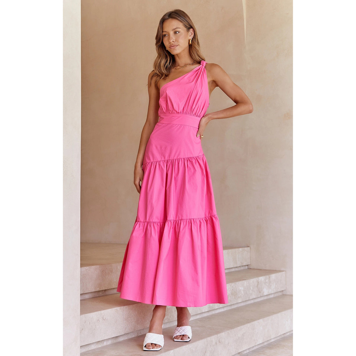 Spring Summer One-Shoulder Knotted Solid Color Fresh Long Sweet Dress
