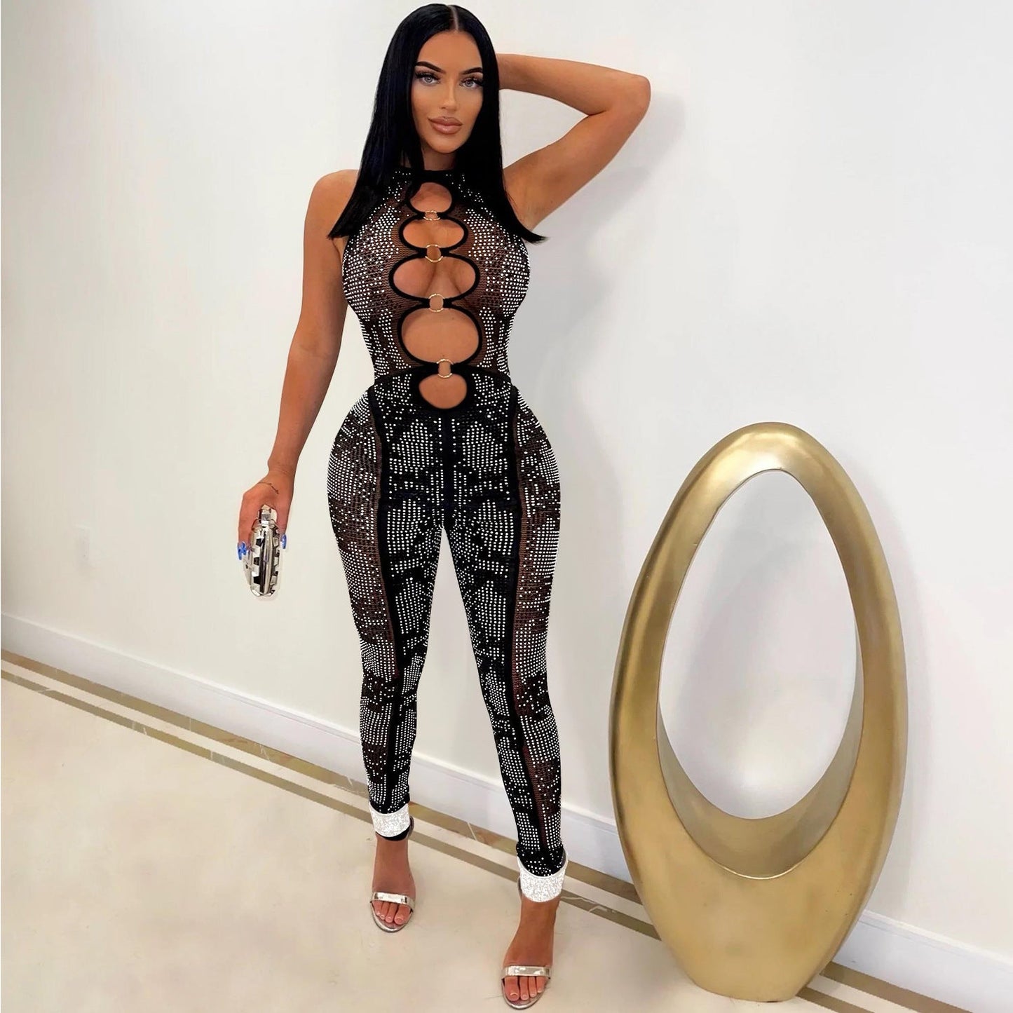 Women Wear Mesh See through Rhinestone Sleeveless Trousers Jumpsuit