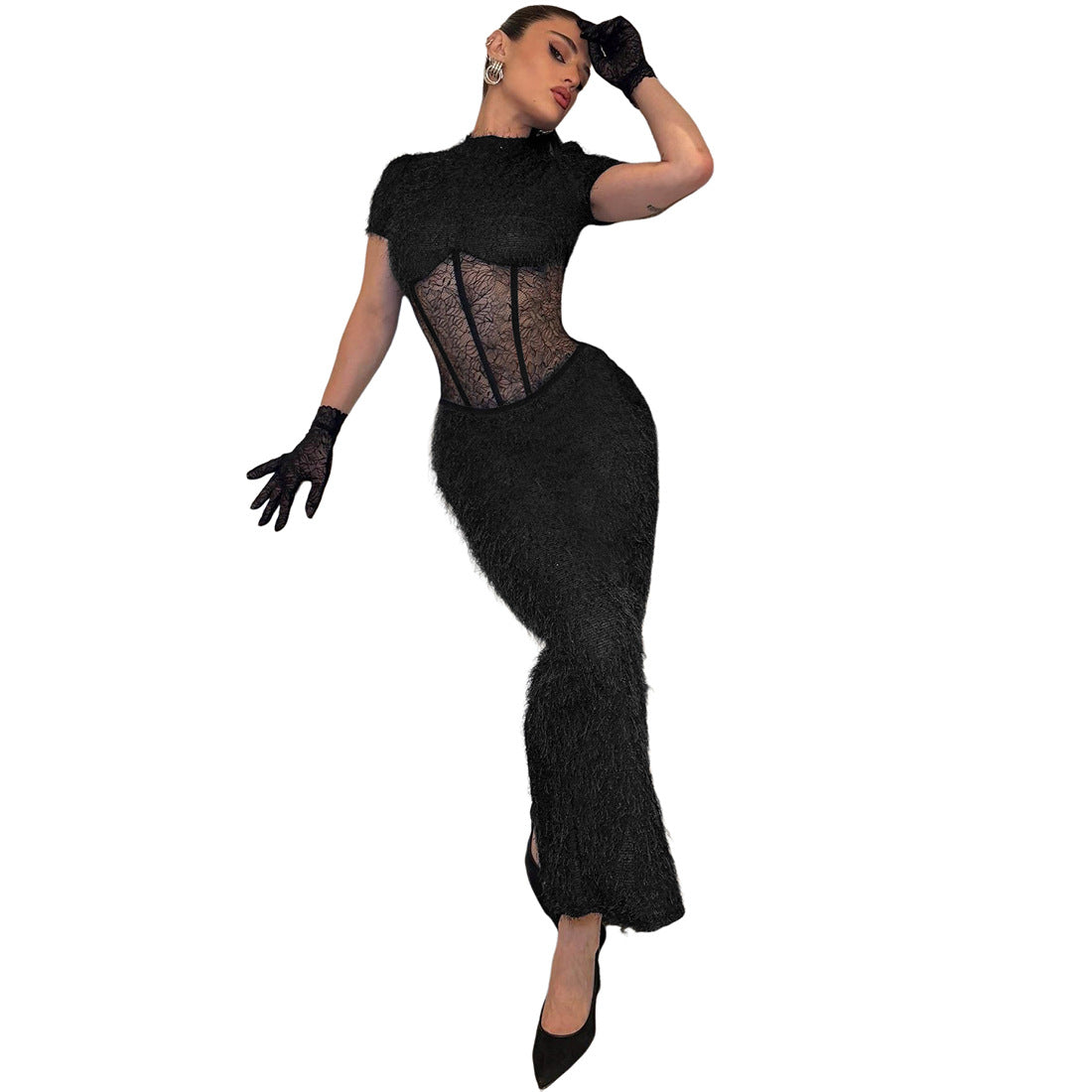 Women Clothing Sexy round Neck Slim Fit Slimming See through Split Short Sleeve Elegant Dress