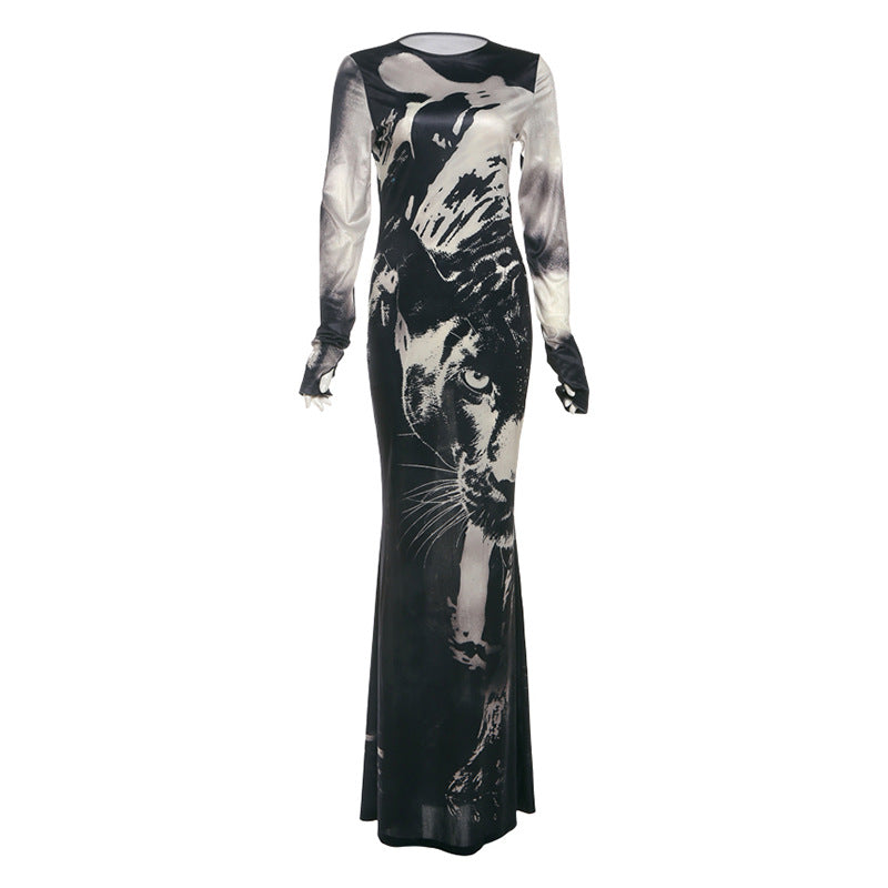 Summer Women High Waist Slim Fit round Neck Long Sleeves Printing Dress