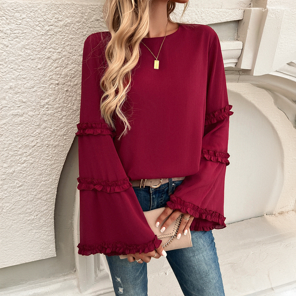 Autumn Winter Elegant Socialite Loose Flared Long-Sleeved Top Women Clothing