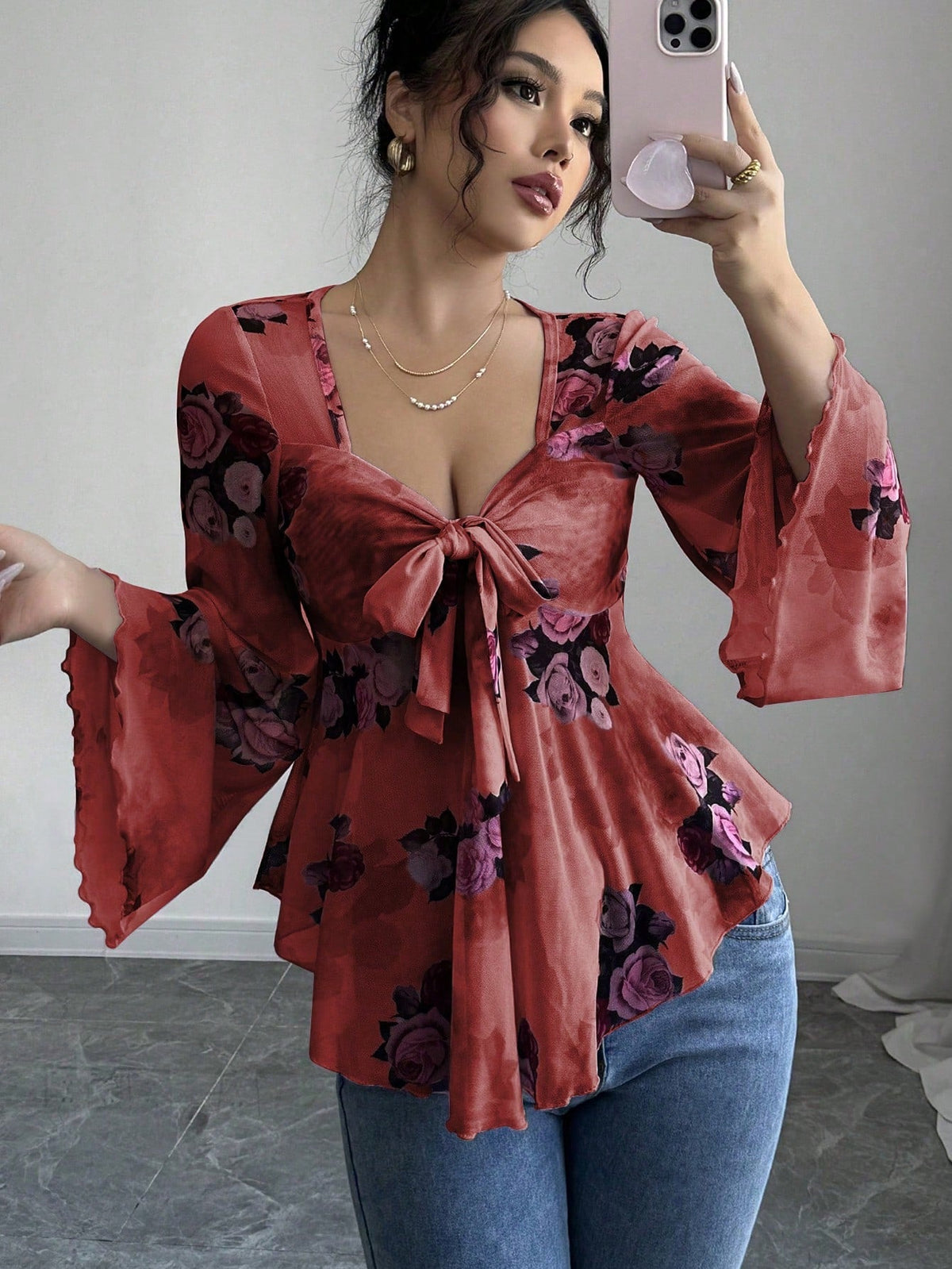 French Sweet Floral Blooming Lace up Square Collar Long Sleeve Shirt