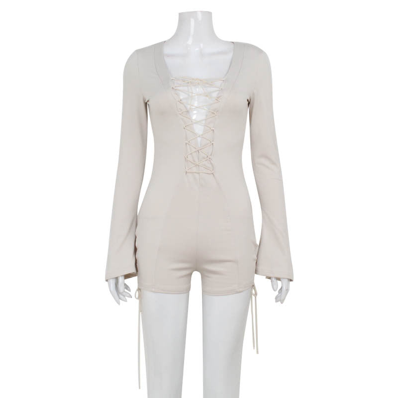 Women Clothing Sexy Deep V Plunge Long Sleeve Tied Design Hollow Out Cutout Sexy Jumpsuit One Piece Trousers