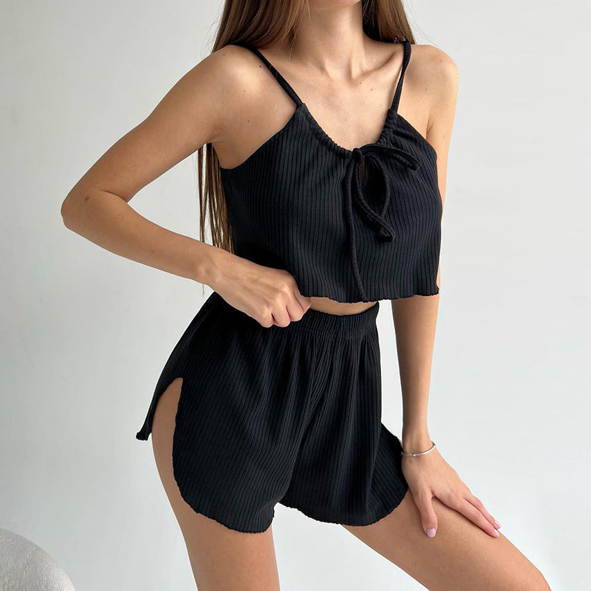 Spring Cool Suspender Shorts Pajamas Two Piece Set Comfortable Breathable Knitted Ladies Homewear