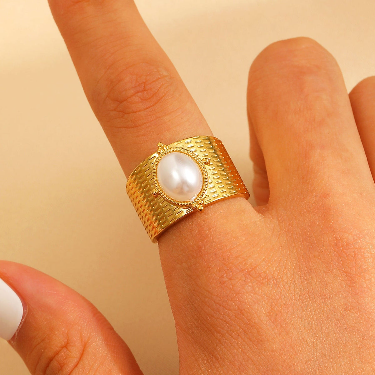 Adjustable Open Stainless Steel Pearl Ring, 18K Gold Plated Oval Baroque Ring