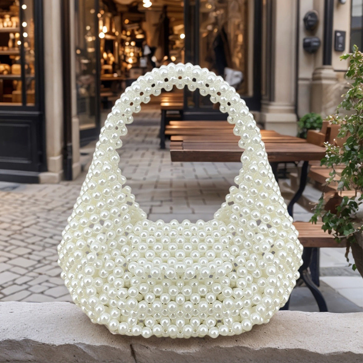 Fashionable Elegant High Grade Handmade Beaded Imitation Pearl Pillow Dumpling Woven Bag French Entry Lux Handbag