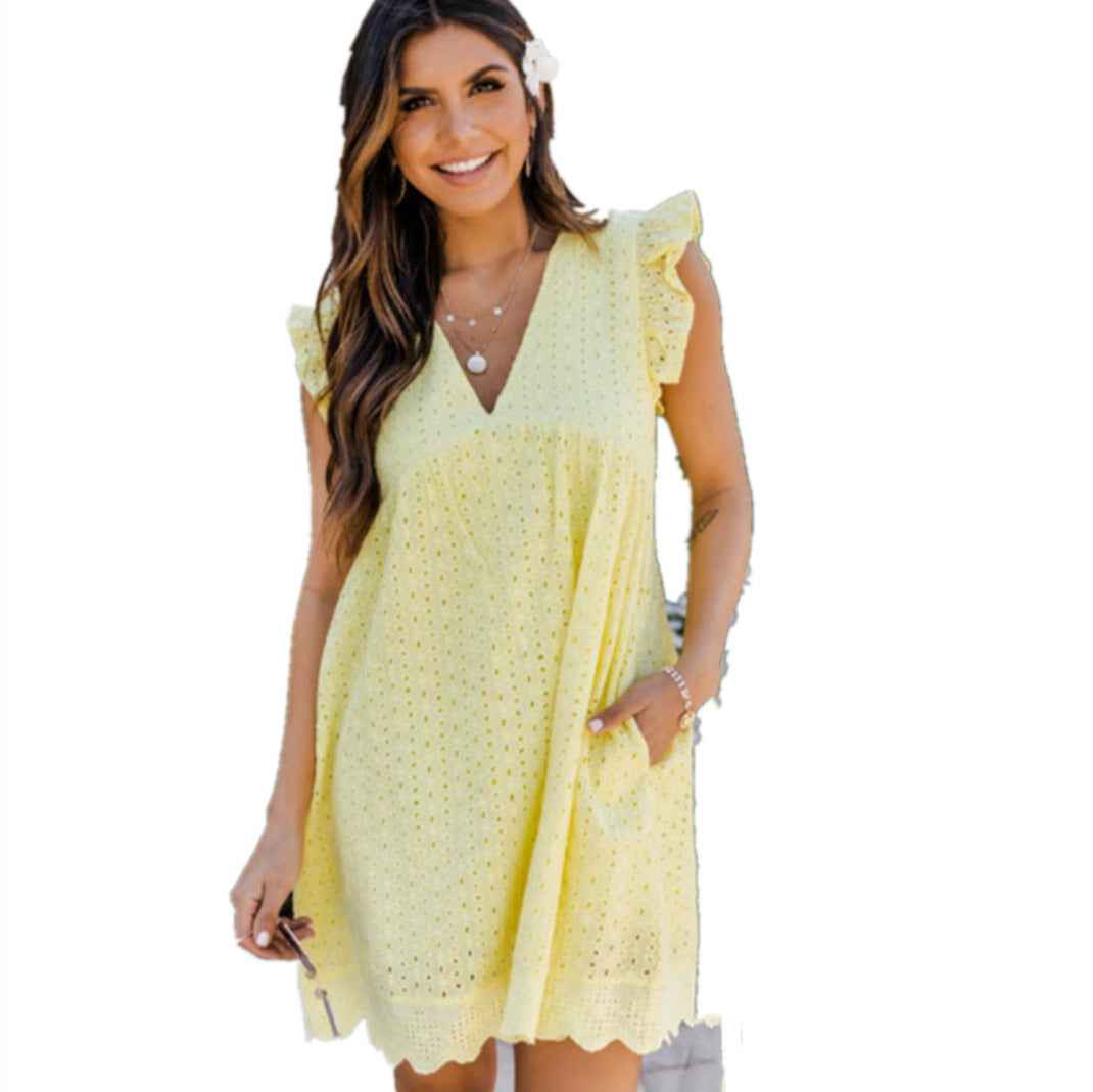 Lace jacquard hollowed V-neck dress