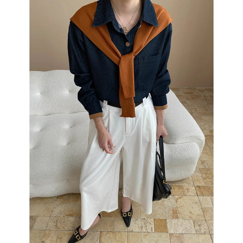 Fashionable Blogger Retro Denim Shirt Contrast Color Knitted Two Piece Sets with a Shawl