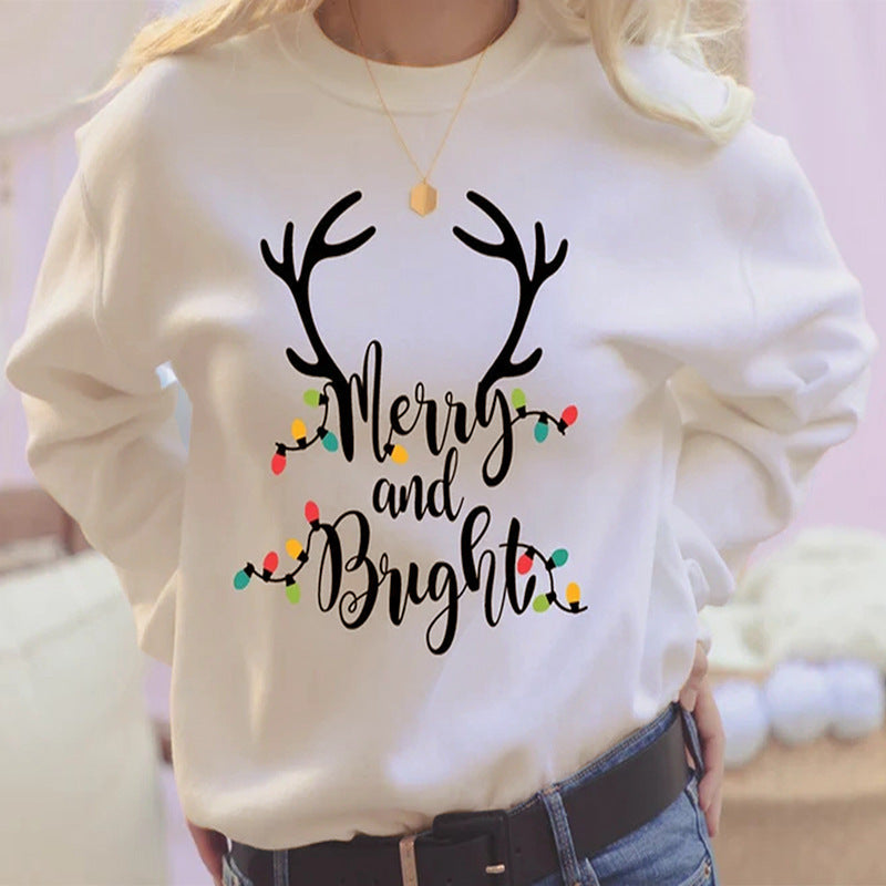 Fall Women Clothing White Long Sleeve Loose Christmas Graphic Print Crew Neck Sweatshirt