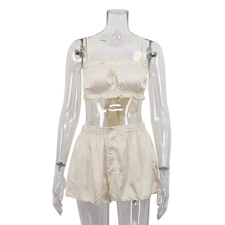 Women Clothing Arrival Sexy Two Piece Sexy Sweet Cool Imitation Silk Ruffle Sleeveless Pajamas