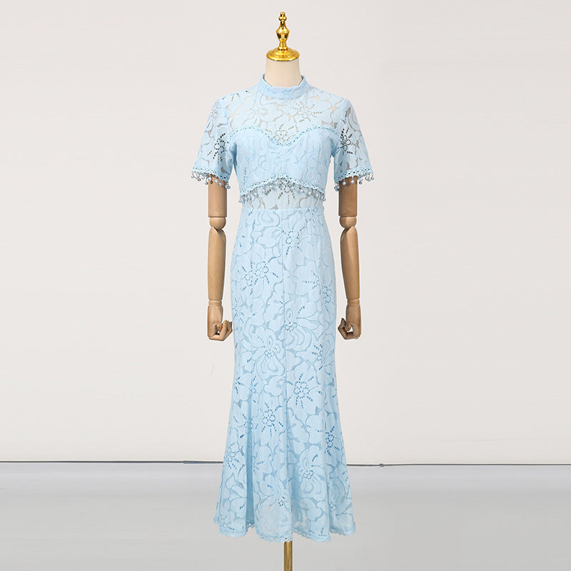 French Sneaky Design Light Luxury Dress Autumn Stand Collar Short Sleeve Lace Hollow Out Cutout Sheath Dress for Women