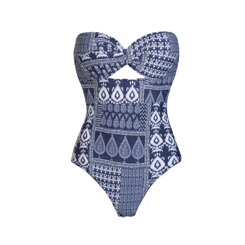 Retro Ethnic Navy Blue Tube Top One Piece Swimsuit Women Two Piece Set Hollow Out Cutout Corset Tassel Vacation Swimsuit Women