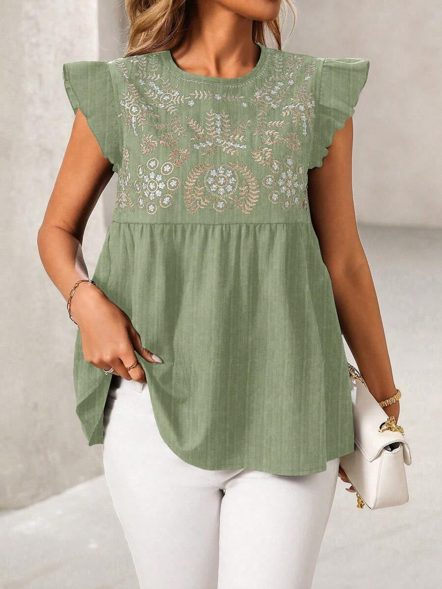 National Embroidered Shoulder Flying Sleeves Casual Short Shirt Women Top
