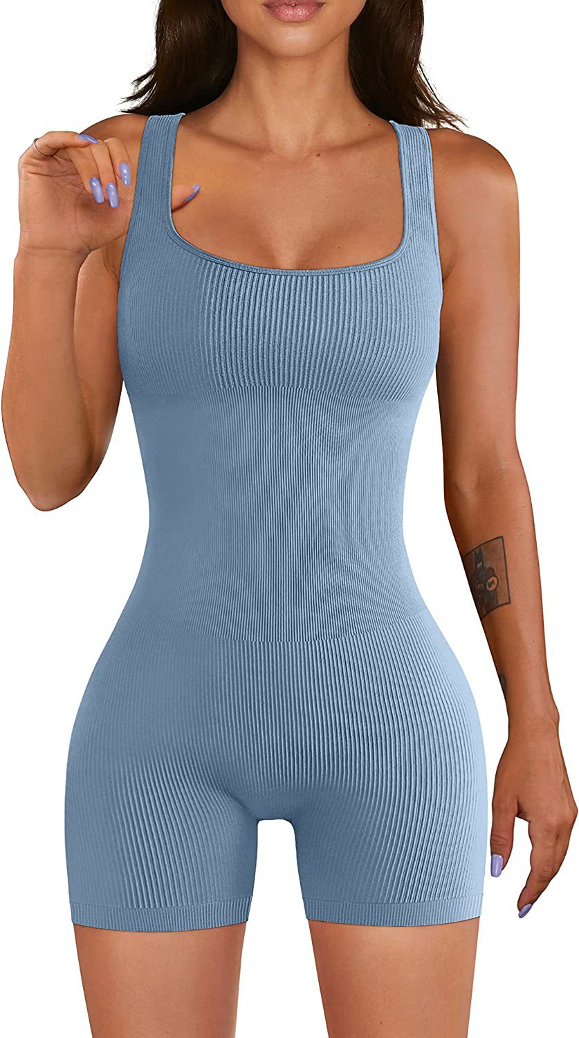 Women Yoga Jumpsuit Workout Ribbed Square Collar Sleeveless Sports Jumpsuit