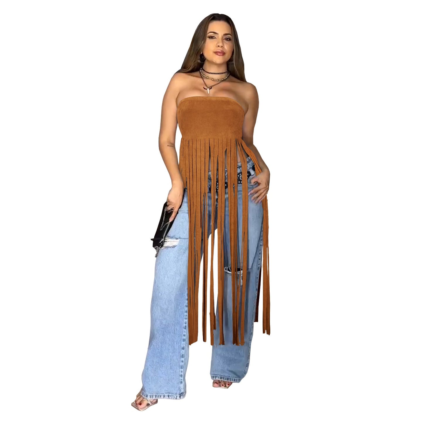 WomenWear Suede Sexy Tube Top Solid Color Tassel Dress