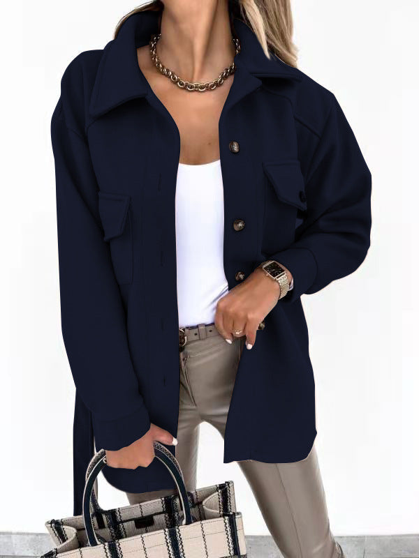 Fall Winter Lapels Single Breasted Thickened Solid Color Shirt Woolen Baggy Coat Female