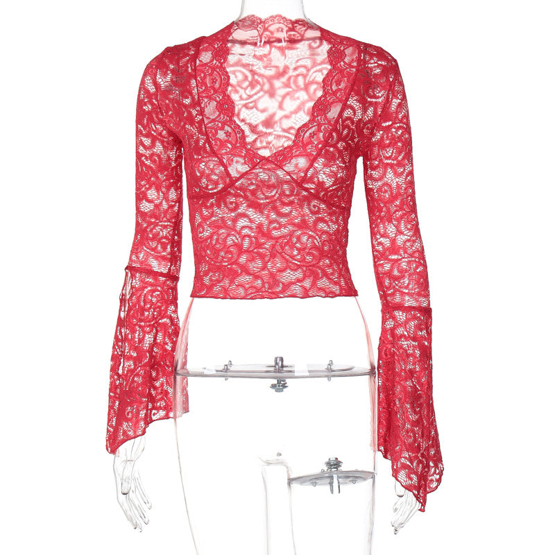 Sexy Deep V Plunge Slim Fit All Matching Short Cropped Lace Long Sleeved Sexy Lace Top