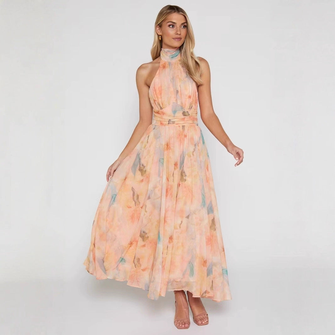 Women Clothing Vacation Sleeveless Printed Backless Halter Long Dress