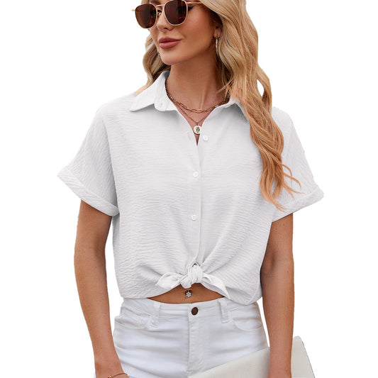 Spring Summer Solid Color Polo Collar Short Sleeved Shirt Button Loose Chiffon Shirt