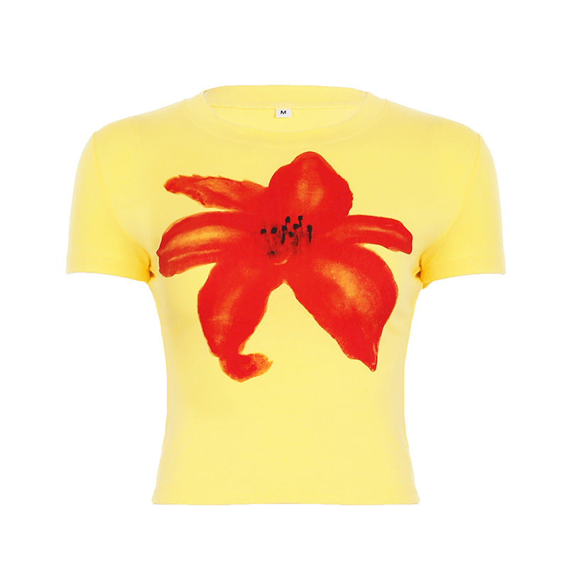 Casual Women Wear Contrast Color Floral Print round Neck Basic Short Sleeve Top Slim Short Sexy T shirt