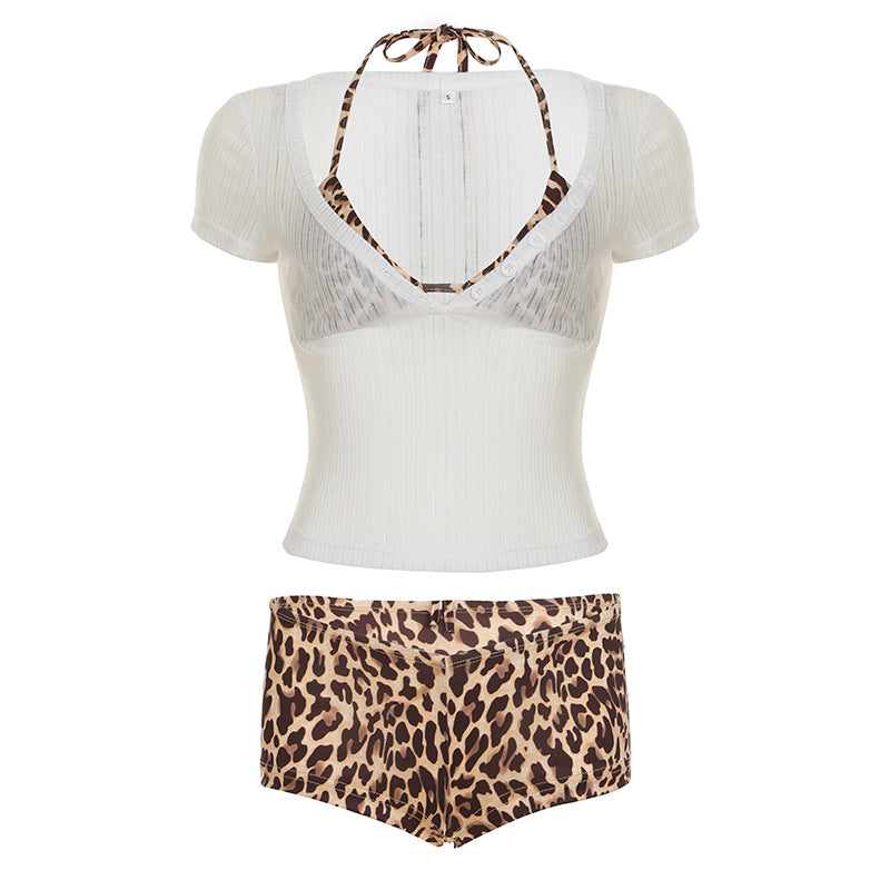 Summer Sunken Stripe Breasted Three Piece Sexy Leopard Print Sling Top Shorts T shirt Sexy Set Women